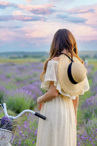 Белая Девушка Светлом Платье Шляпе Велосипедом Лавандовом Поле Вид Сзади — стоковое фото