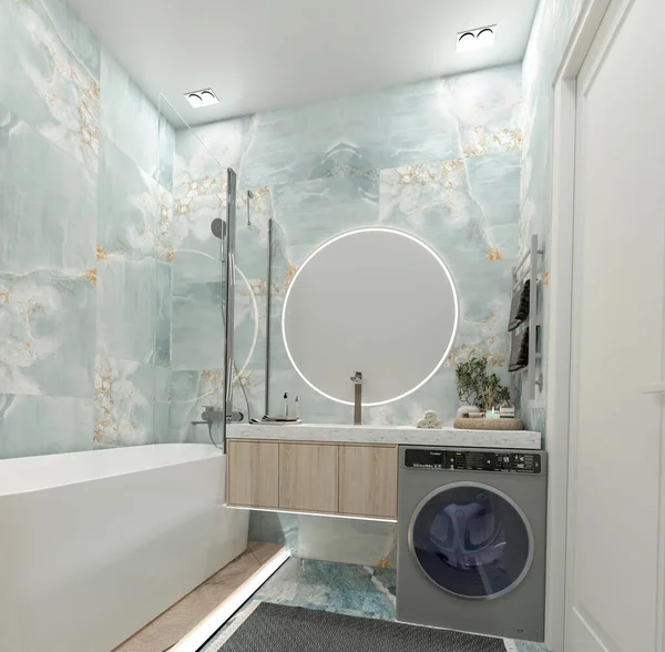 Fürdőszoba Pódiumon Világítással Zuhanyzóval Nagy Kerek Tükör Porcelán Csempe Lágy Stock Fotó