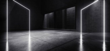 Neon Lazer Beyaz Işıklar Hangar Garaj Stüdyosu Sert Beton Asfalt Asfalt Gerçekçi Tünel Koridoru Koridoru Koridoru Bodrum Spotlight Stüdyosu 3D Resim Hazırlama