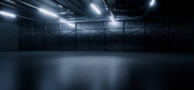 Grunge Stüdyo Showroom Büyük Boş Çelik Beton Hangarı Büyük Uzay Ahırı Karanlık Gece Işıkları Modern Atölye Otomobil Garajı 3D Resim Hazırlama
