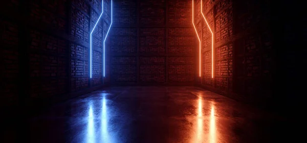 Neon Laser Cyber Orange Blue Lights Medieval Brick Wood Grunge — Stock Photo, Image