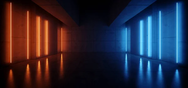 ネオン輝くブルーオレンジサイバーレトロSci Fi未来コンクリート光沢のあるグラウンジトンネル地下回廊地下廊下地下格納庫ショーケースショールーム3Dレンダリングイラスト ロイヤリティフリーのストック写真