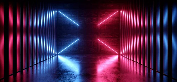 Neon Laser Cyber Purple Red Blue Lights Medieval Brick Wood Стокова Картинка