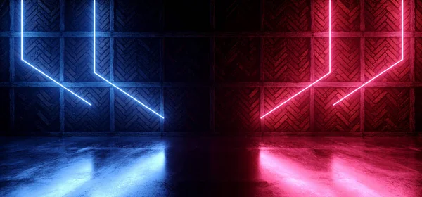 Neon Laser Cyber Purple Red Blue Lights On Medieval Brick Wood Grunge Old Wall Concrete Glossy Cement Floor Showroom Club Dark Stage 3D Rendering Illustration
