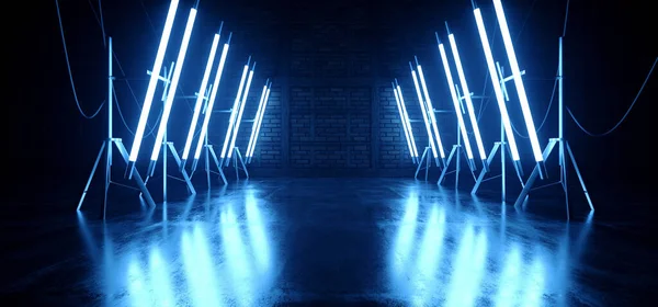 Sci Fi Alien Cyber Dark Hallway Room Corridor Neon Blue Lights On Stands Glossy Concrete Floor Brick Wall Rough GRunge 3D Rendering Illustration