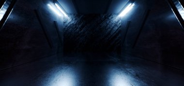 Grunge Stüdyo Showroom Büyük Boş Çelik Beton Hangarı Büyük Uzay Ahırı Karanlık Gece Işıkları Modern Atölye Otomobil Garajı 3D Resim Hazırlama