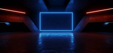 Grunge Stüdyo Showroom Büyük Boş Çelik Beton Hangarı Büyük Uzay Ahırı Karanlık Gece Işıkları Modern Atölye Otomobil Garajı 3D Resim Hazırlama