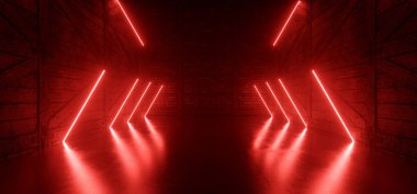 Neon Glowing Sci Fi Futuristic Warehouse Garage Stage Red Lights Concrete Stone Cement Floor Rough Barn Wood Walls Showroom 3D Rendering illustration