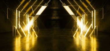 Neon Glowing Laser Electric Cyber Yellow Vibrant Transparent Glass Panels Hallway Tunnel Stage Sci Fi Night Dark Concrete Floor Showroom 3D Rendering Illustration