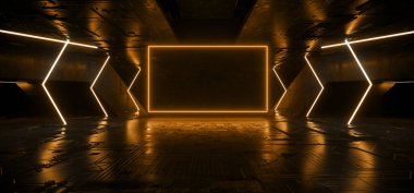 Sci Fi Futuristic Neon Yellow Glowing Rectangle Frame Stage Studio Underground Spaceship Alien Metal Surface Glossy Electronic Cyber 3D Rendering illustration