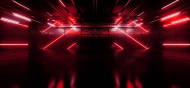 Cyberpunk Big Sci Fi Uzaylı Neon Red Red Vibrant Lazer Metal Ahır Depo Beton Parlak Araba Showroom Boş Arkaplan Hangar Gerçekçi 3D