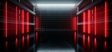 Dark Neon Glowing Red Vibrant Laser Beams Metal Grid Underground Cells Concrete Cement Room Studio Showcase Cyber 3D Rendering Illustration