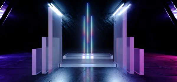 Sci Fi Neon Stage Cyber Glass Panels Blue Purple Showcase Product Empty Garage Grunge Concrete Cement Hallway Tunnel 3D Rendering Illustration