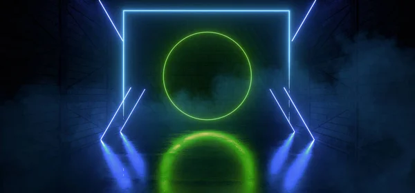 Neon Dark Night Smoke Glowing Circle Frame Lights Blue Green — ストック写真