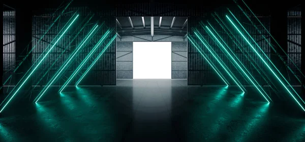 Sci Alien Ship Triangle Neon Glowing Frame Metal Structure Hallway — Stock Photo, Image