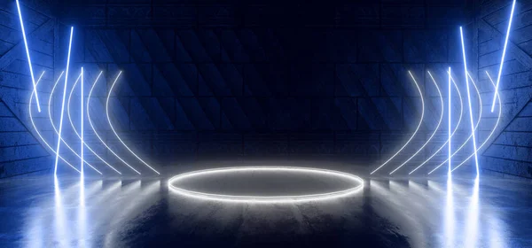 Sci Fi Futuristic Stage Neon Product Showcase Light Circle Stage White Blue Neon Lights On Rough Stone Wall Underground 3D Rendering illustration