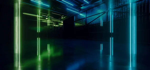 Cyberpunk Big Sci Fi Alien Neon Electric Blue Green Vibrant Laser Metal Barn Warehouse Door Concrete Glossy Car Showroom Empty Background Hangar Realistic 3D Rendering Illustration