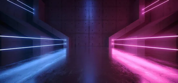 Cyber Laser Neon Blue Purple Glowing Beams Sci Fi Futuristic Hangar Underground Cement Concrete Barn Bunker Hallway Tunnel Corridor Parking 3D Rendering illustration