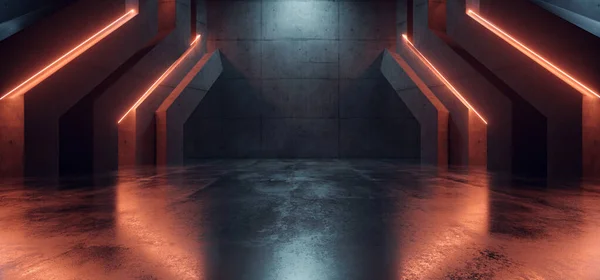 Cyber Laser Neon Orange Glowing Beams Sci Fi Futuristic Hangar Underground Cement Concrete Barn Bunker Hallway Tunnel Corridor Parking 3D Rendering Illustration