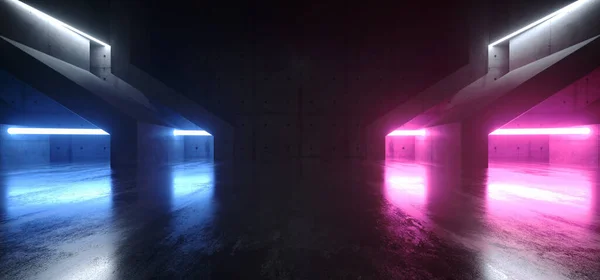 Cyber Laser Neon Blue Purple Glowing Beams Sci Fi Futuristic Hangar Underground Cement Concrete Barn Bunker Hallway Tunnel Corridor Parking 3D Rendering Illustration