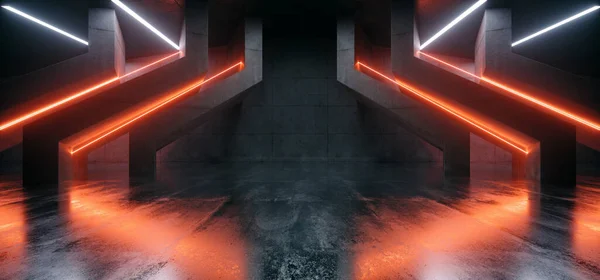Cyber Laser Neon Orange Glowing Beams Sci Fi Futuristic Hangar Underground Cement Concrete Barn Bunker Hallway Tunnel Corridor Parking 3D Rendering Illustration