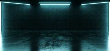 Uzaylı Bilim Kurgu Müstakbel Uzay Gemisi Büyük Beton Asfalt Hangar Taş Döşeme Duvarı Koridor Stüdyosu Işıklar Gösterici Sığınak Garajı 3D Görüntü