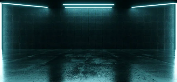 エイリアンSf未来宇宙船格納庫ビッグコンクリートセメントアスファルト地下石タイルの壁の廊下スタジオライトショールーム現実的なバンカーガレージ3Dレンダリングイラスト — ストック写真