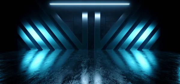 エイリアンSf未来宇宙船格納庫ビッグコンクリートセメントアスファルト地下廊下スタジオライトショールーム現実的なバンカーガレージ3Dレンダリングイラスト — ストック写真