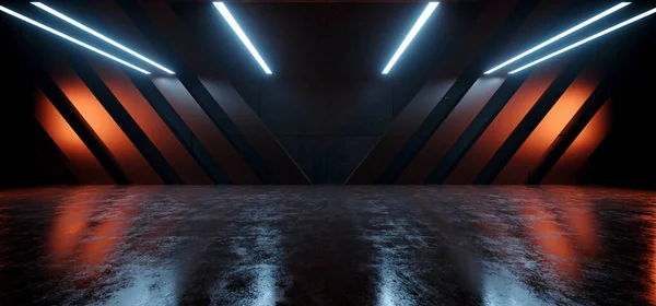 エイリアンSf未来型コラム宇宙船ブルーレッドライトハンガービッグコンクリートセメントアスファルト地下ホールスタジオショールームバンカーガレージ3Dレンダリングイラスト ストック写真