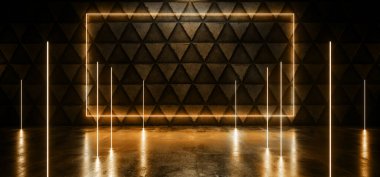 Geleceğin Uzaylı Bilim Kurgu 'su Çimento Taşı Üçgeninde Parlayan Sarı Işık Duvarı şekillendirilmiş Fayanslar Duvarı Gerçekçi Garaj Tüneli Stüdyo Sahnesi 3D Resim Çizimi