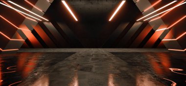 Stüdyo Işıkları Portakal Salonu Siber Uzaylı Bilimi Geleceğin Uzay Gemisi Büyük Beton Çimento Bodrum Salonu Stüdyo Işıkları Gösterim Odası Gerçekçi Sığınak Garajı 3 boyutlu Görüntü