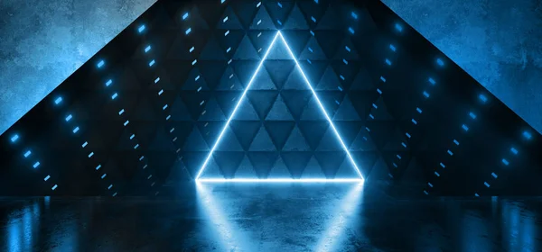 Futuristiska Alien Sci Neon Blå Glödande Triangel Ljus Cement Metall — Stockfoto