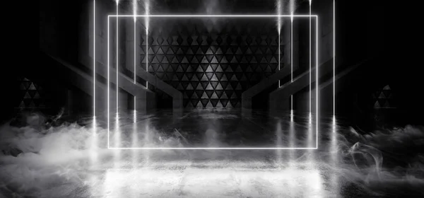 Alien Cyber Futuristic Smoke Floor Concrete Asphalt Garage Neon White — Stock Photo, Image