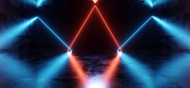 Neon Üçgen Çizgileri Mavi Uzaylı Bilim Kurgu Falı Fütüristik Tünel Hangarı Büyük Beton Beton Asfalt Bodrum Duvarı Duvarı Koridor Stüdyo Işıkları Gösterici Sığınak Santrali 3D Resim Çizimi