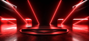 Siber Neon Uzaylı Bilim Kurgu Üçgeni Sahne Üretimi Lazer Elektrikli Fütüristik Kırmızı Işınlar Karanlık Beton Bodrumu 3D Çizim Çizimi