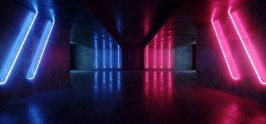 Bilimkurgu Neon Parlak Retro Siber Canlı Mor Beton Beton Grunge Koridor Koridoru Kulüp Sahne Sahnesi Sahnesi 3D Görüntü