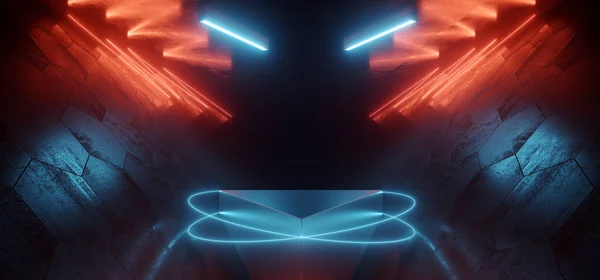 サイバーブレードランナーSci Fi未来型エイリアン宇宙船Hitech Triangular Stage Podium Neon Glowing Laser Lines Blue — ストック写真