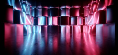 Neon Bilim Kurgu Falı Mor Mor Elektrikli Parlak Parlak Lazer Işıklar Boş Sahne Podyum Metal Duvarlar Parlak Showroom Ürün Reklamı 3D Çizim