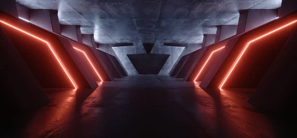 Sf未来派セメント廊下ガレージホール地下オレンジ電気ネオンレーザーライトナイトサイバーパンクトンネルショールームステージ3Dレンダリングイラスト ストック画像