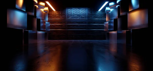 ダークサイバーレーザー電気光るライト金属光沢キューブ壁トンネル回廊レンガセメントラフバーンガレージショールーム3Dレンダリングイラスト ロイヤリティフリーのストック画像