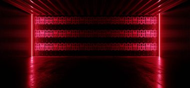 Siber uzay gemisi Neon Koyu Kırmızı Lazer Koridor Koridoru Metal Duvarı Döşeme Salonu Boş Podyum Hangarı 3D Görüntü Görüntüleme