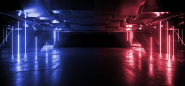 Neon Bilim Kurgu Falı Fütüristik Yeraltı Mor Mor Elektrikli Parlayan Lazer Işıklar Metal Metal Küp Tüpler Kafes Parlatıcı Showroom Ürün Reklamı 3B Çizim