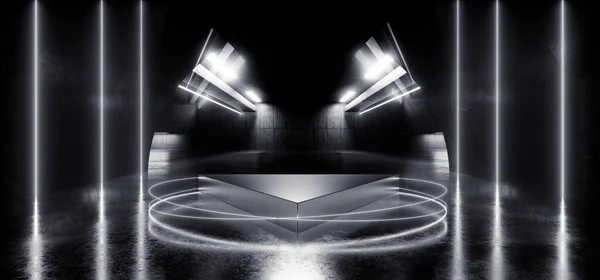 Futurystyczny Neon Stage Świecące Lasery Parking Showroom Underground Grunge Betonowy — Zdjęcie stockowe