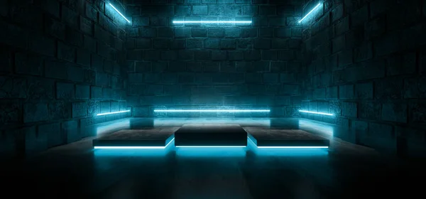 stock image Sci FI Futuristic Cyber Grunge Podium Stage Concrete Laser Neon Glowing Blue Corridor Tunnel Stone Block Walls Showroom Podium Night Light Barn Warehouse 3D Rendering illustration