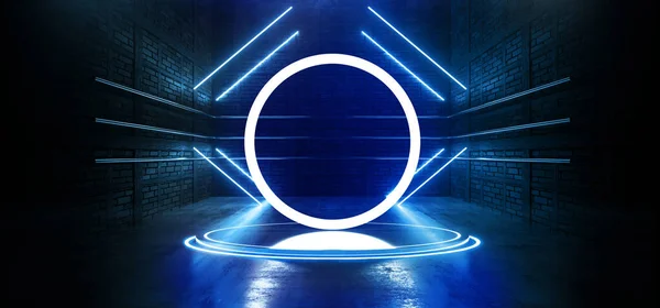 stock image Sci FI Futuristic Cyber Circle Stage Podium Grunge Concrete Laser Neon Glowing Blue Corridor Tunnel Bricks Showroom Night Light Barn Warehouse 3D Rendering illustration