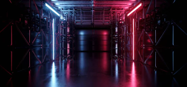 异形宇宙飞船科幻未来现代金属板详细隧道走廊明亮的深蓝色红色闪光灯舞台展示厅3D渲染图解 — 图库照片