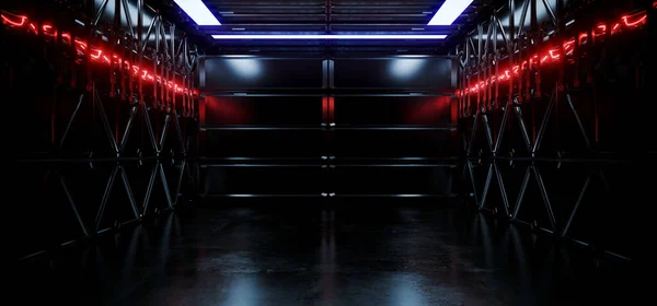 外国人宇宙船Sci Fi未来的現代金属パネル詳細トンネル回廊光沢のあるダークホワイトレッドLed鮮やかなライトステージショールーム3Dレンダリングイラスト — ストック写真