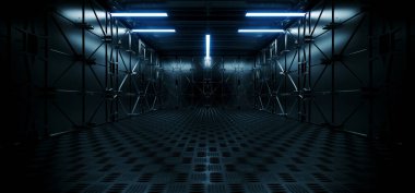 Bilimkurgu Geleceği şekillendiren Uzaylı Uzay Gemisi Metal Uçaklar Garaj Tüneli Mavi Led Lights Metal Sanayi Zemin Boş Uzay Gösterim Odası 3D