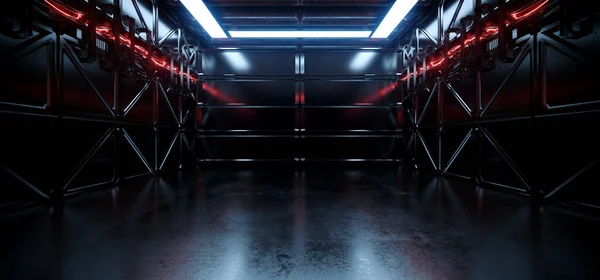 Sci Futuristic Shaped Alien Spaceship Metal Planes Garage Glowing Red Ліцензійні Стокові Зображення