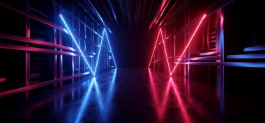 Neon Parlayan Kırmızı Mavi Endüstriyel Bilim Kurgu Uzaylı Uzay Gemisi Fütürist Modern Metal Hangar Hangar Metal Duvarlar Parlak Zemin Elektrik Kablolar Gösterim Odası Koyu 3 Boyutlu Çizim